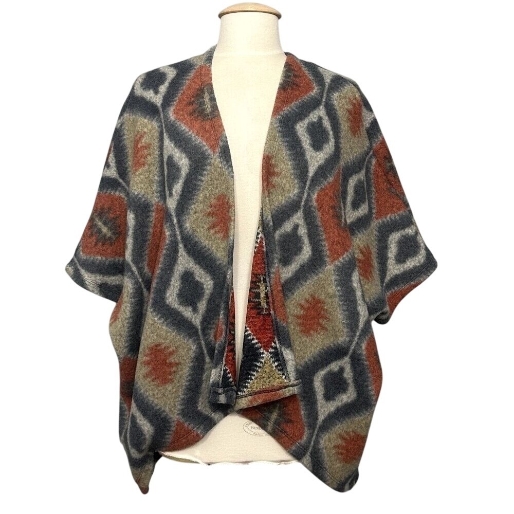 Aztec Southwest Womens Poncho Wrap M Blue Rust Fleece Western Cowgirl Cabin Cozy